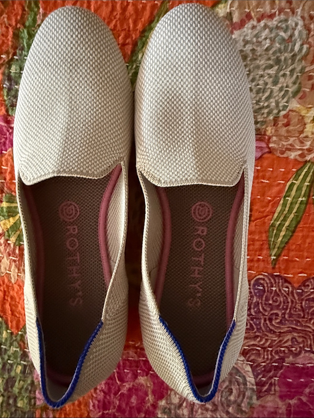 Rothy's Sandstone Knit Slip-On Flats with Blue and Pink Accents